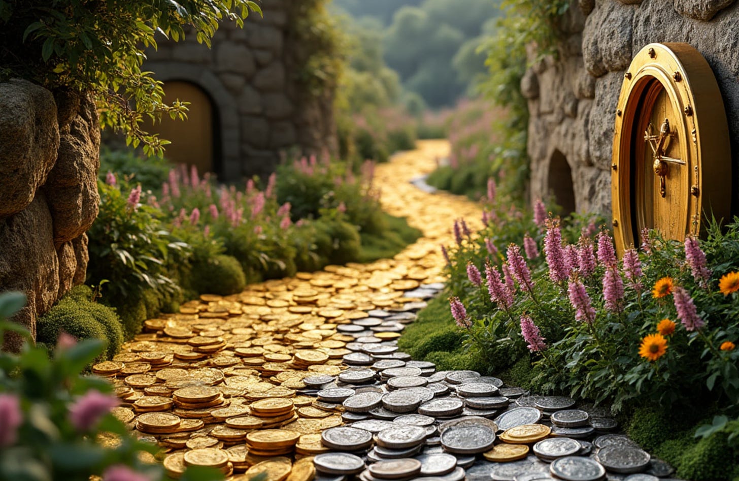 A gold and silver coins on a path

Description automatically generated