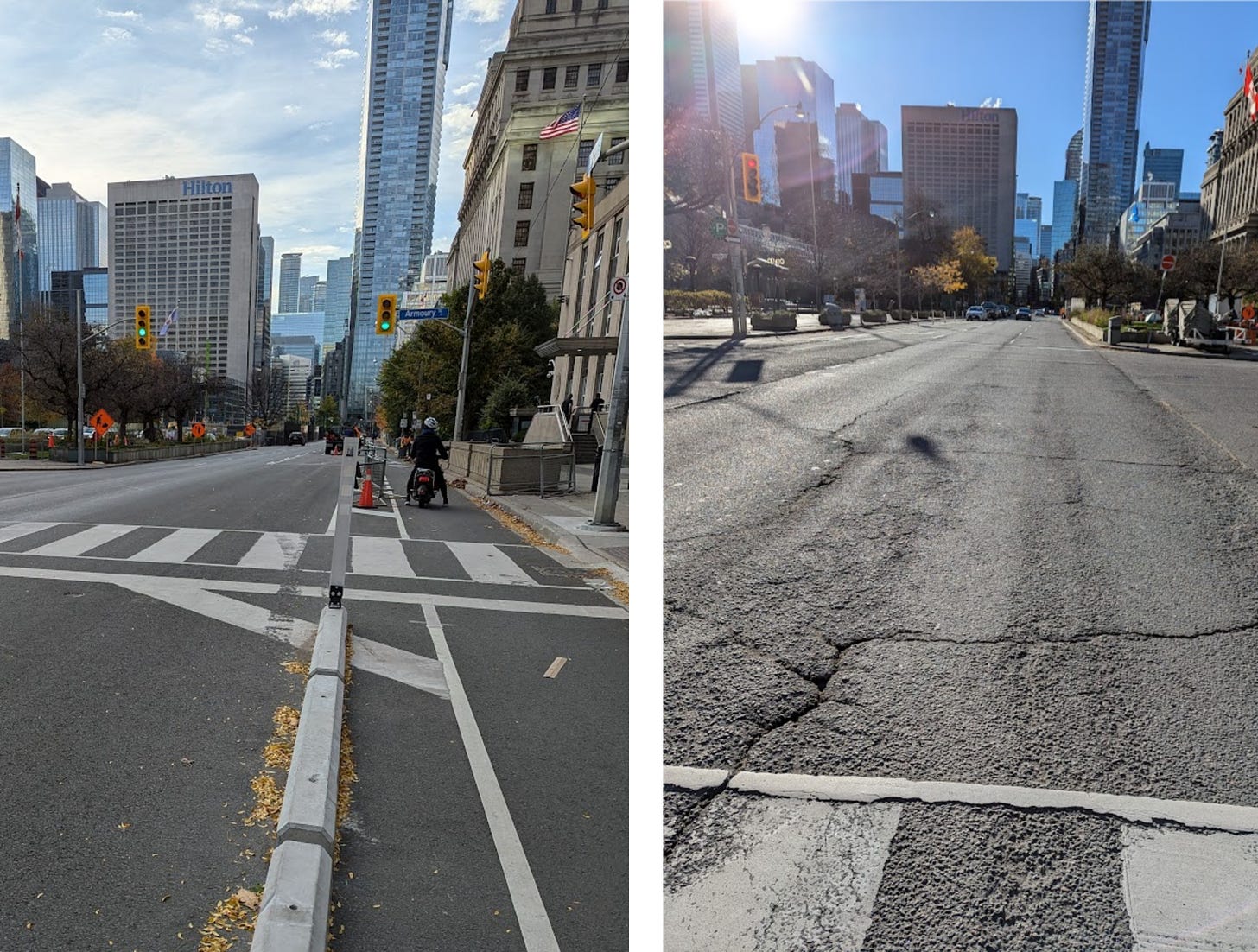 Two photos of University Ave at morning rush hour, showing no traffic