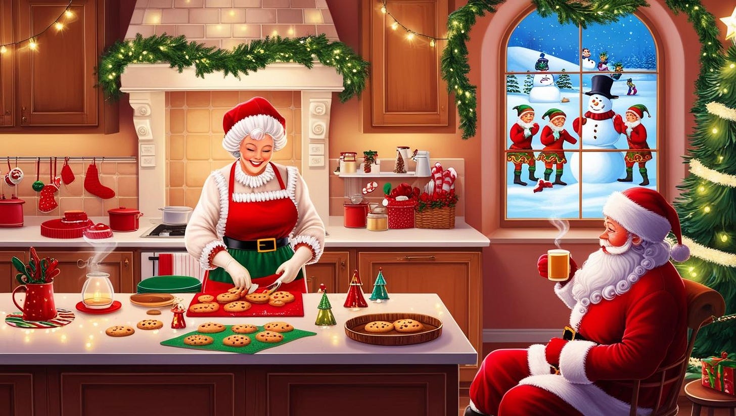 Father Christmas sat having a cup of tea whilst Mrs Claus is baking cookies in the kitchen which is festively decorated.  Through the window the elves can be seen building a snowman.