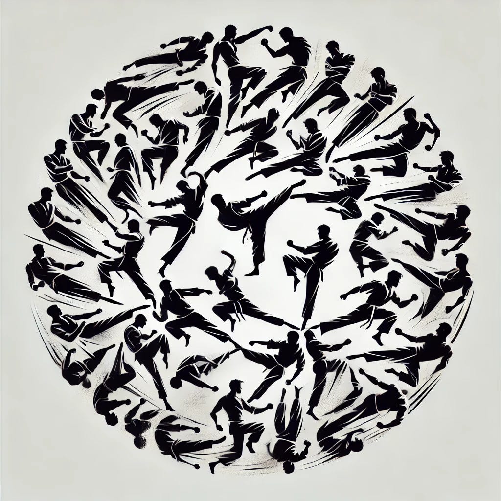 A creative and abstract design featuring stylized silhouettes of men engaged in various fighting poses arranged in a circular, 360-degree pattern. The men are depicted as dynamic, elongated figures with exaggerated limbs and movements, emphasizing the intensity and energy of combat. Each silhouette is distinct, representing different martial arts styles. The background is minimalist, focusing on the bold black and white contrast of the figures against a light grey canvas. The style is modern and artistic, ideal for a conceptual representation of unity and conflict.