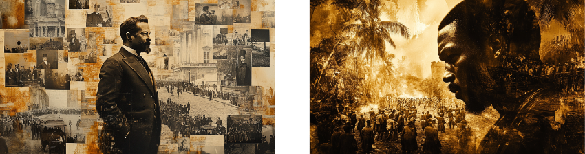 Two-part image: the left side portrays a solemn portrait of a man in a suit, overlaid with a collage of historical sepia-toned photographs depicting scenes of protests, gatherings, and important moments, evoking a sense of reflection on a pivotal time in history. The right side features a powerful image of a man’s profile blended with a scene of a crowd gathered amidst palm trees and fire, creating an intense, layered composition that conveys struggle and resilience in a historical context.