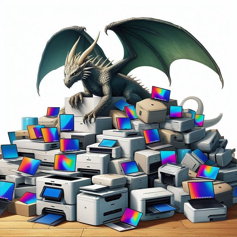 A dragon hoarding a pile of printers and laptops