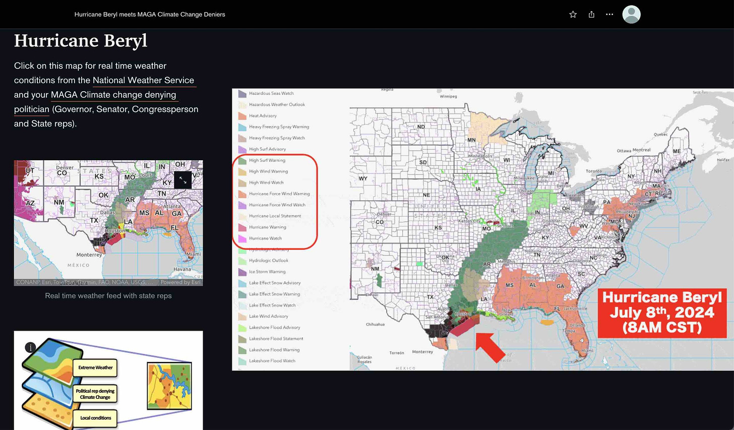 Map of Hurricane Beryl and MAGA Climate Change deniers