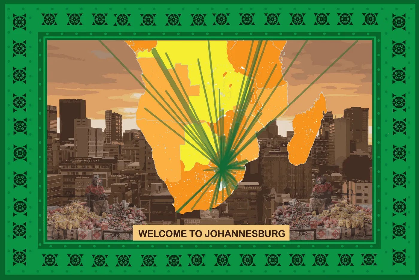 A wax-print style cloth with a photo of Johannesburg and a map showing the routes that migrants take into the city superimposed on it