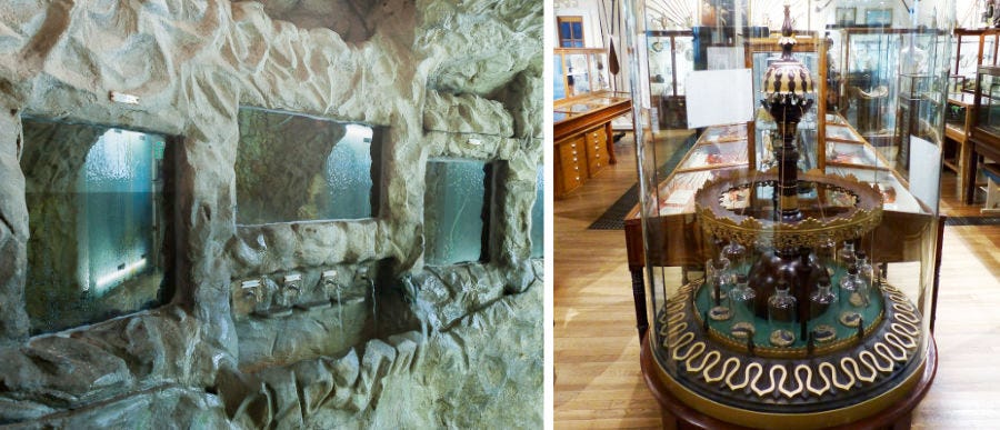 Deux photos, à gauche trois fenêtre sur un réservoir d'eau sous-terrain pour observer des truites. à droite une photo d'un baromètre à sangsue