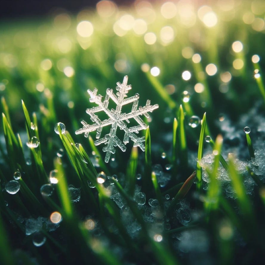 A snowflake on green grass in spring.