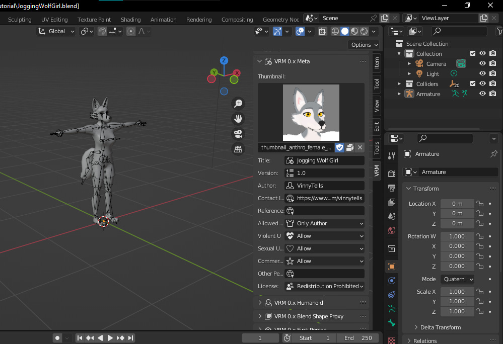 Blender 3D viewport. 3D/VRM model of an anthropomorphic female wolf in T-pose. Viewport shading is solid, the armature of model is visible. VRM 0.x Meta settings are showing.