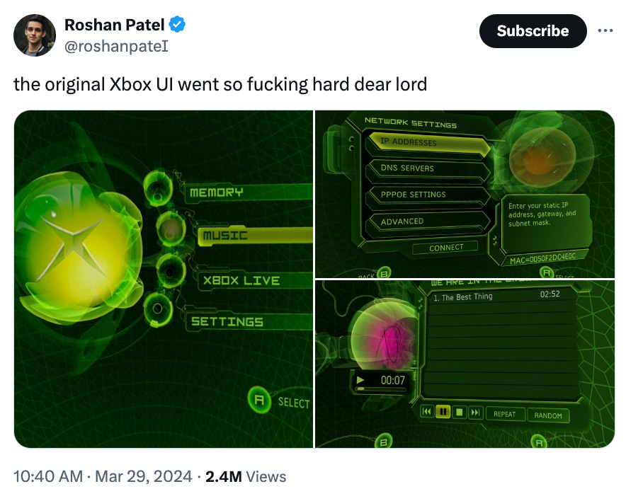 Tweet that has photos of the old Xbox UI.