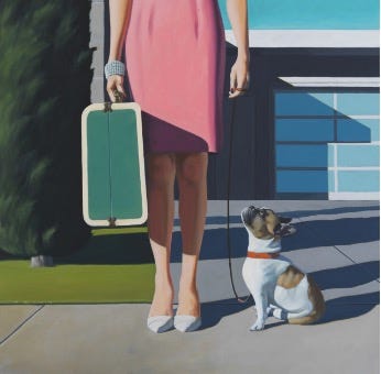 A painting of a person holding a suitcase and a dog

Description automatically generated