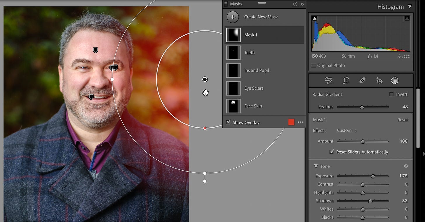 Portrait photo of a man in Lightroom Classic, with a Radial Gradient applied to one side of the image.