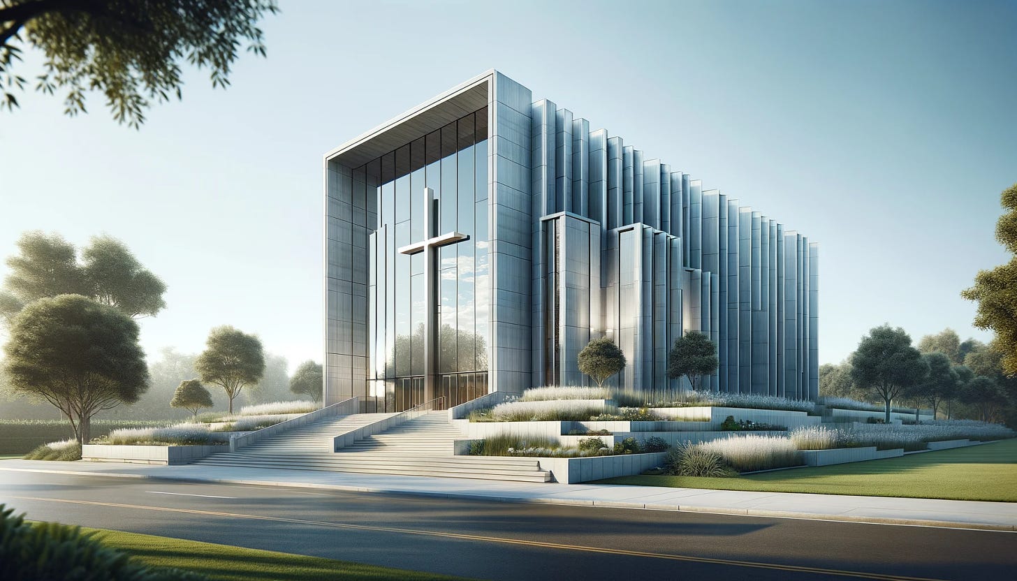 A 4K resolution image of a contemporary church in a 16:9 aspect ratio. The church features a modern architectural design, with clean lines, large glass windows, and a sleek, minimalist structure. It should be set in a serene environment, perhaps with a well-manicured lawn or a peaceful garden surrounding it. The building is made of materials like brushed steel, glass, and concrete, reflecting a modern aesthetic. The sky is clear and blue, providing a beautiful contrast to the church's structure. The image captures the essence of modern religious architecture, blending spirituality with contemporary design.