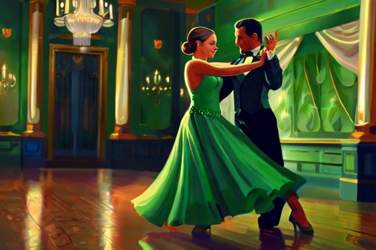 Digital art. Action shot of man and a woman doing an impressive ballroom dance. There is a green theme to their clothes and the room. 