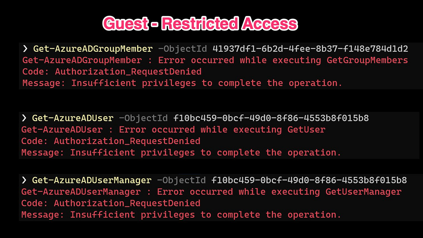 Screenshot of PowerShell cmdlets to get-azureadgroupmember, get-azureaduser cmdlets returning Request denied error messages. Screenshot of PowerShell cmdlets to get-azureadgroupmember, get-azureaduser cmdlets returning Request denied error messages.
