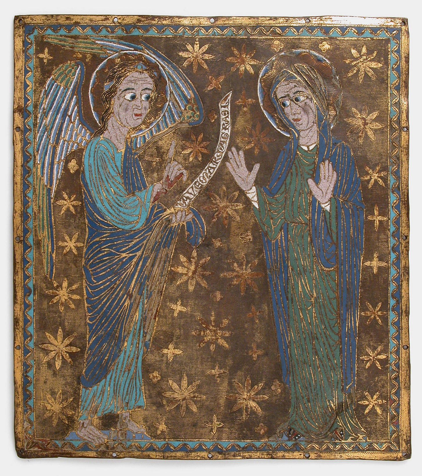 Plaque with the Annunciation, Champlevé enamel, copper-gilt, Catalan or Central Italian Plaque with the Annunciation, Champlevé enamel, copper-gilt, Catalan or Central Italian