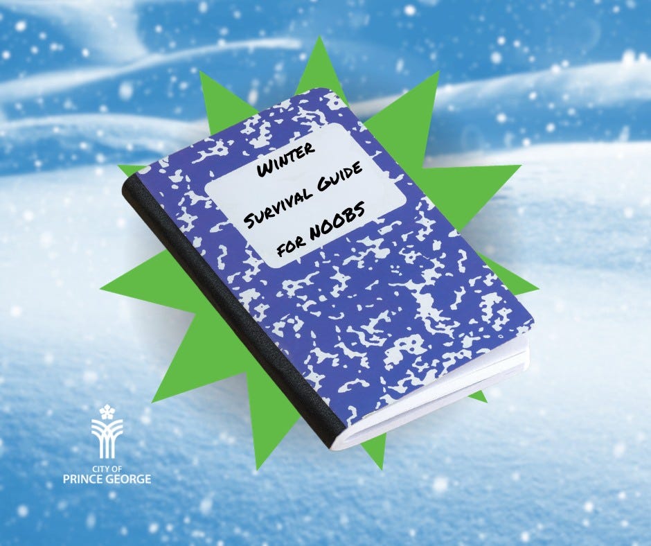 A composition notebook with "winter survival guide for NOOBS" hand written on the front laying in a snowy field