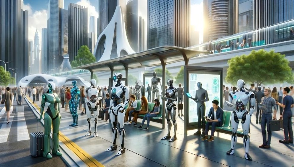 Futuristic cityscape with humanoid robots seamlessly integrated into daily life, interacting with humans at a high-tech bus stop....