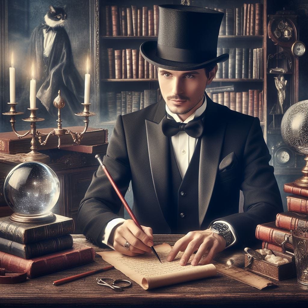 A magician sitting at a desk doing paperwork