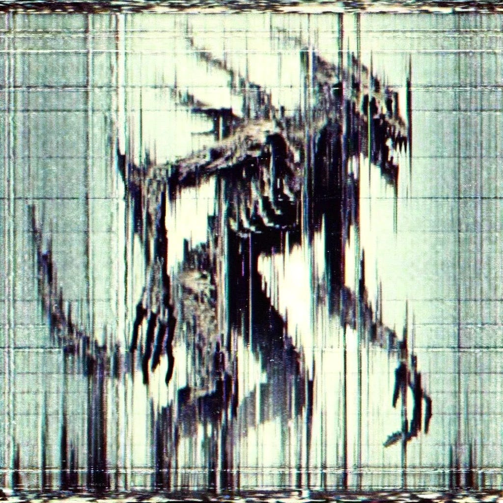 A highly abstracted and flattened representation of the mythical creature, exaggerated 300 times, as if captured through a broken, haunted VHS camera. The image resembles an old, distorted VHS tape recording, with characteristic visual artifacts like static, blurring, and irregular horizontal lines. The creature's form is almost entirely abstract, reduced to minimalist shapes and vague outlines, resembling a ghostly echo rather than a defined figure. The color palette is reminiscent of vintage VHS footage, with muted, washed-out colors and a slightly eerie, unsettling ambiance.