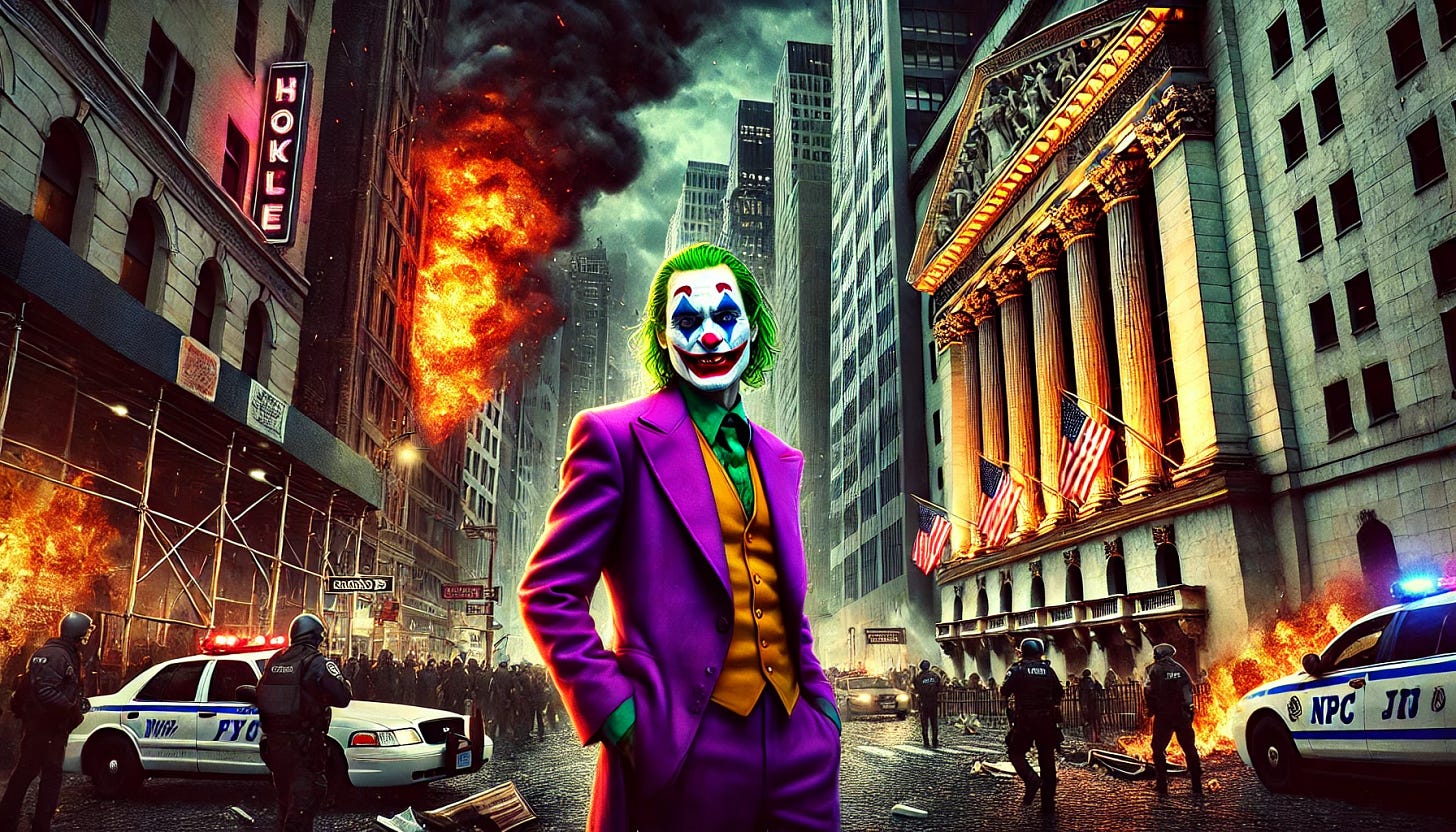 A dramatic, comic book–style scene featuring the Joker standing in the foreground with a crooked grin on his pale face. He is wearing a bright purple suit, his vibrant green hair slicked back, and his face painted with a traditional clown-like white base and an exaggerated red grin. Behind him, the New York Stock Exchange building on Wall Street is engulfed in massive flames and thick, black smoke. The streets are filled with chaos: masked rioters clashing with police, broken windows, debris, and shredded ticker tape drifting through the air. The background features neon-lit skyscrapers and old brick buildings, creating a dark, cinematic atmosphere with high contrast and a realistic comic book art style. The mood is intense and energetic, filled with destruction and anarchic tension. This is a wide, banner-style format.