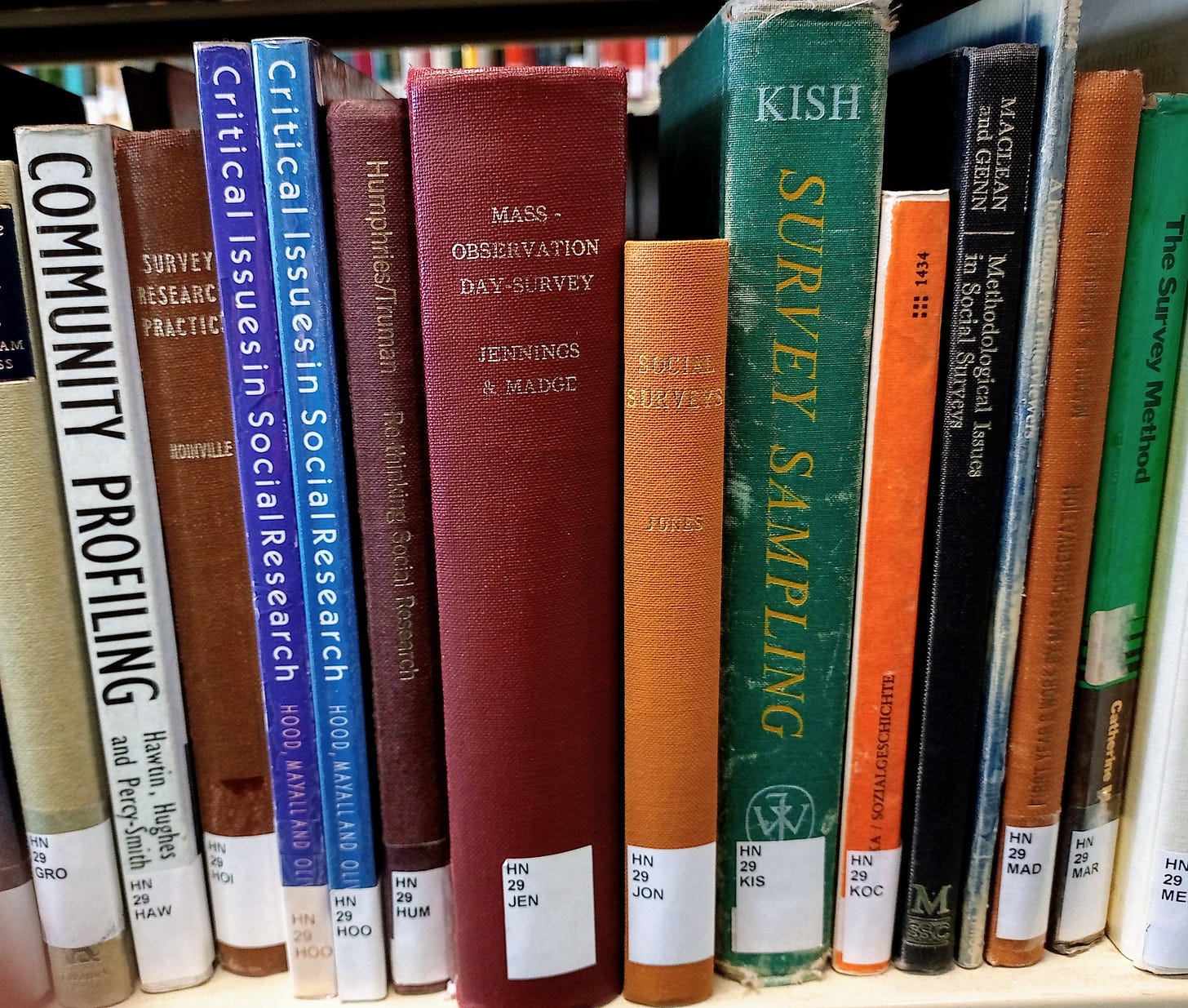 A shelf of library books about social research, in the middle of which is a book titled Mass-Observation Day-Survey