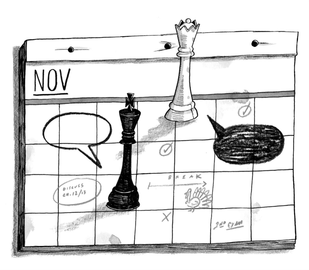illustration by John Hendrix of black and white (and king and queen) chess pieces on a calendar