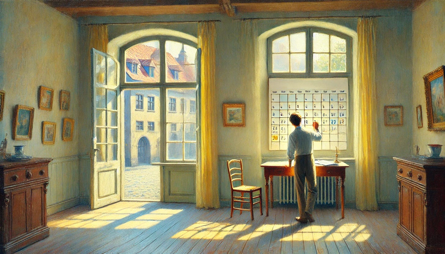 An impressionistic oil painting of a man setting a goal on a calendar on the wall, inspired by Fritz Syberg's style. The scene features soft, dappled light filtering into the room, creating a serene and focused atmosphere. The interior shows a simple, cozy space with a calendar prominently displayed on the wall, free of any letters or notes. Through the window, old European buildings with tiled roofs and ornate facades are visible. The color palette is gentle and pastel-like, with hues of soft yellows, blues, and greens, evoking the tranquility of a peaceful, sunny day.