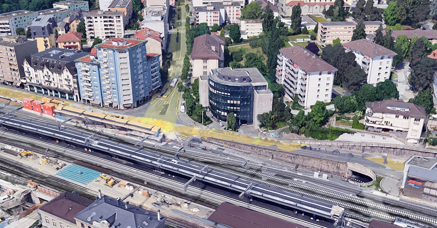 A screenshot of Google Earth, showing the houses northwest of Fribourg station.