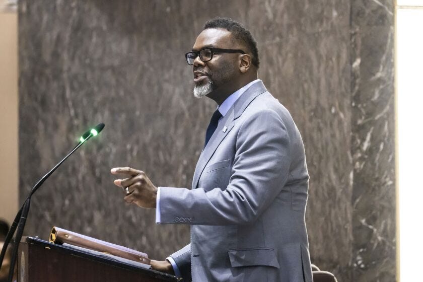 Mayor Brandon Johnson delivers his 2024 budget address to the Chicago City Council on Wednesday, Oct. 11, 2023.