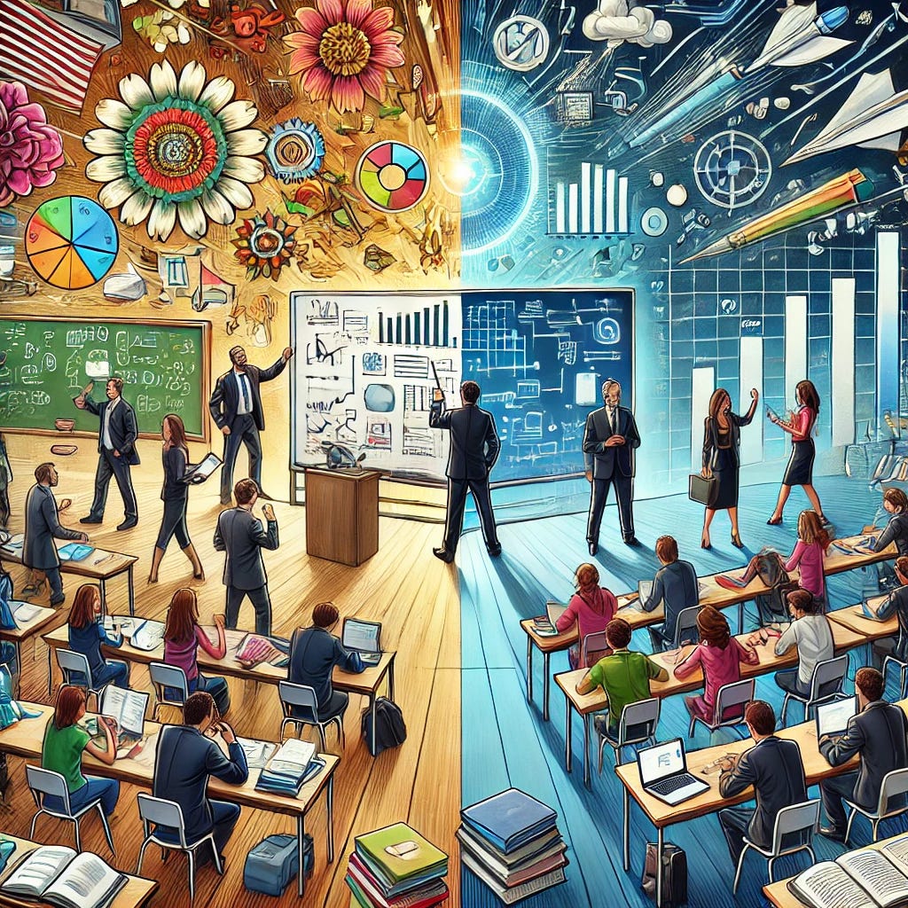A dynamic and engaging illustration of a school setting that contrasts two different approaches to education reform. On one side, a group of administrators in suits are standing around a large whiteboard filled with charts, graphs, and bureaucratic jargon, looking frustrated as papers fly around them. On the other side, a vibrant classroom scene is depicted, where a teacher is actively engaging with students in hands-on learning, using real-world applications. The classroom is filled with energy, creativity, and genuine student engagement. The image symbolizes the difference between systemic reform and classroom-focused improvements.