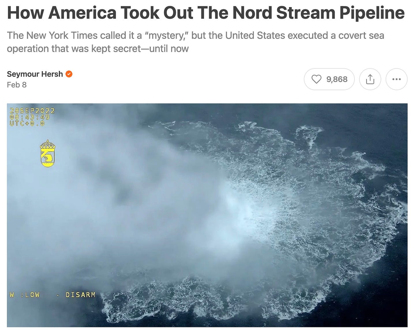 Headline and hero image for "How America Took Out the Nord Stream Pipeline" by Seymour Hersh