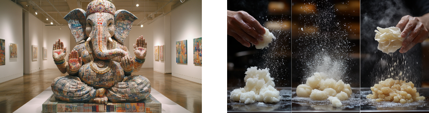 Two-part image: the left side shows a contemporary Ganesha statue covered in a collage of newspaper and mixed media, displayed in a modern art gallery with paintings on the walls. The right side features a sequence of hands crafting traditional modaks (sweet dumplings) with flour dust dramatically scattering in the air, symbolizing the preparation of offerings associated with Ganesha.