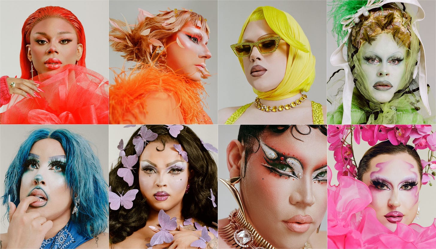 a collage of drag queens in rainbow makeup looks