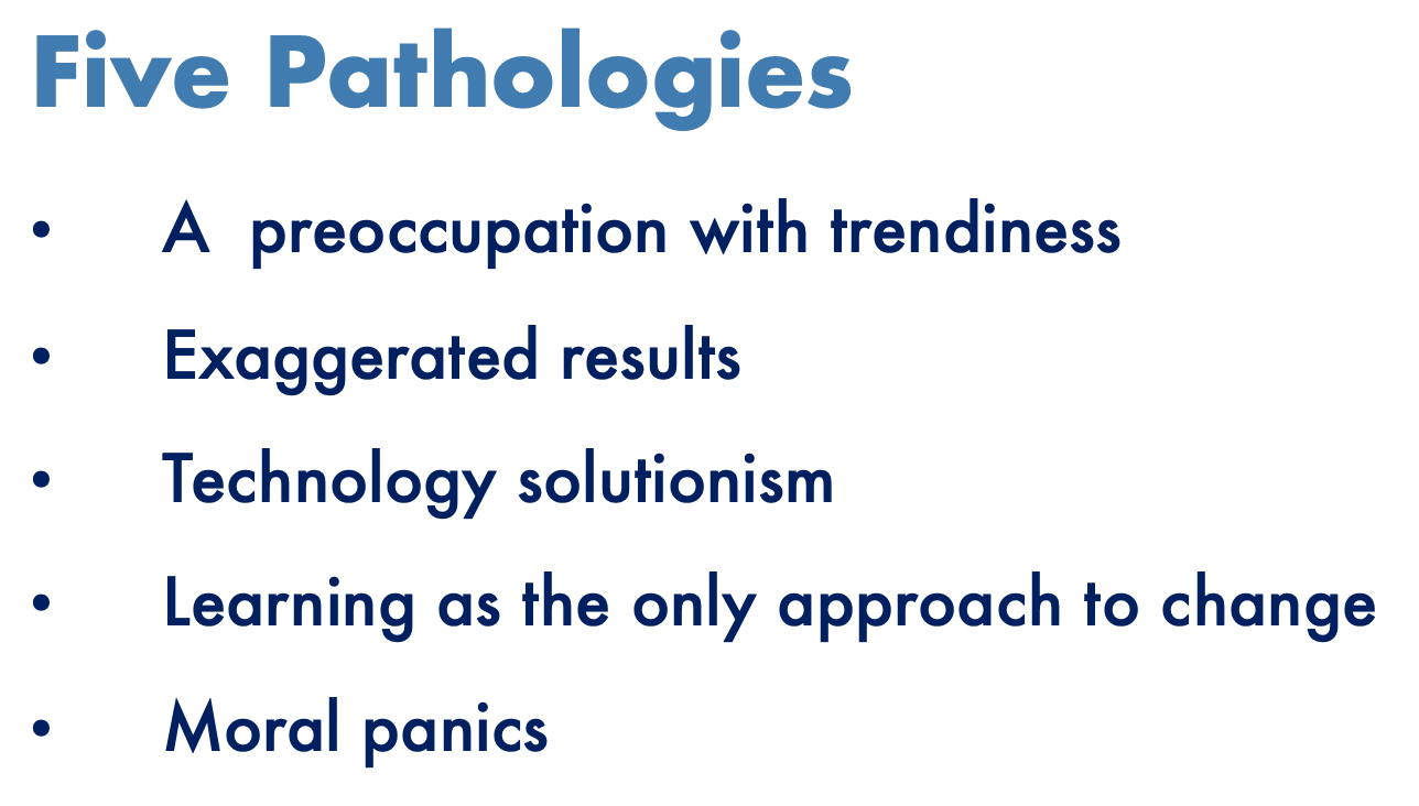 A slide with the five pathologies of generative AI discourse. (Check the slides link for more.)