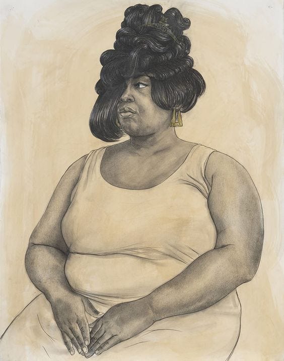 Sketch of a plus size Black woman wearing a plain dress with her arms out. Her hair is coiffed neatly in large curls on top of her head.