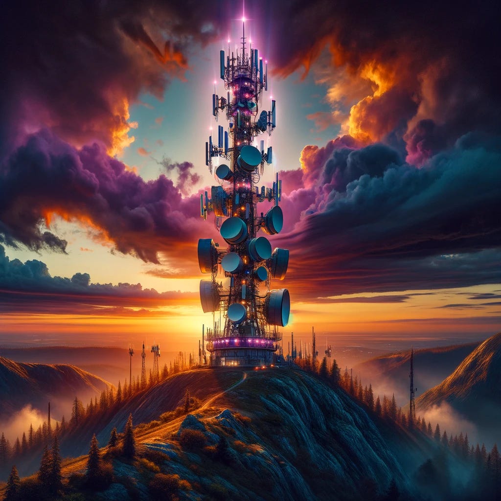 An epic cell phone tower rising majestically into the sky. The tower is equipped with multiple high-tech antennas and satellite dishes, glowing with lights against a dramatic sunset background. The landscape around the tower is rugged, with a few trees and rocks, emphasizing the tower's isolation and importance in connecting remote areas. The sky is painted with vibrant colors of orange, purple, and pink, highlighting the tower's silhouette.