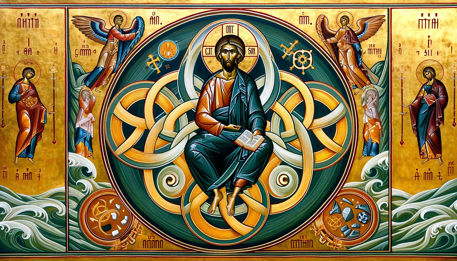 A Byzantine iconography-inspired representation of 'The Persistent Pursuit' in Philippians 3:12-14, focusing on abiding in the Trinitarian life rather than the movement of the traveler. Depict a central figure in a serene, abiding pose, surrounded by three interwoven circles or symbols representing the Holy Trinity (Father, Son, Holy Spirit). The background should feature a gold leaf design, with intricate patterns and stylized elements that symbolize the divine and heavenly presence. Include subtle symbols like broken chains and discarded trophies in the background to represent past obstacles and achievements left behind. Use bold lines, vibrant colors, and detailed patterns typical of traditional Byzantine iconography to convey the spiritual journey and transformation within the Trinitarian context.