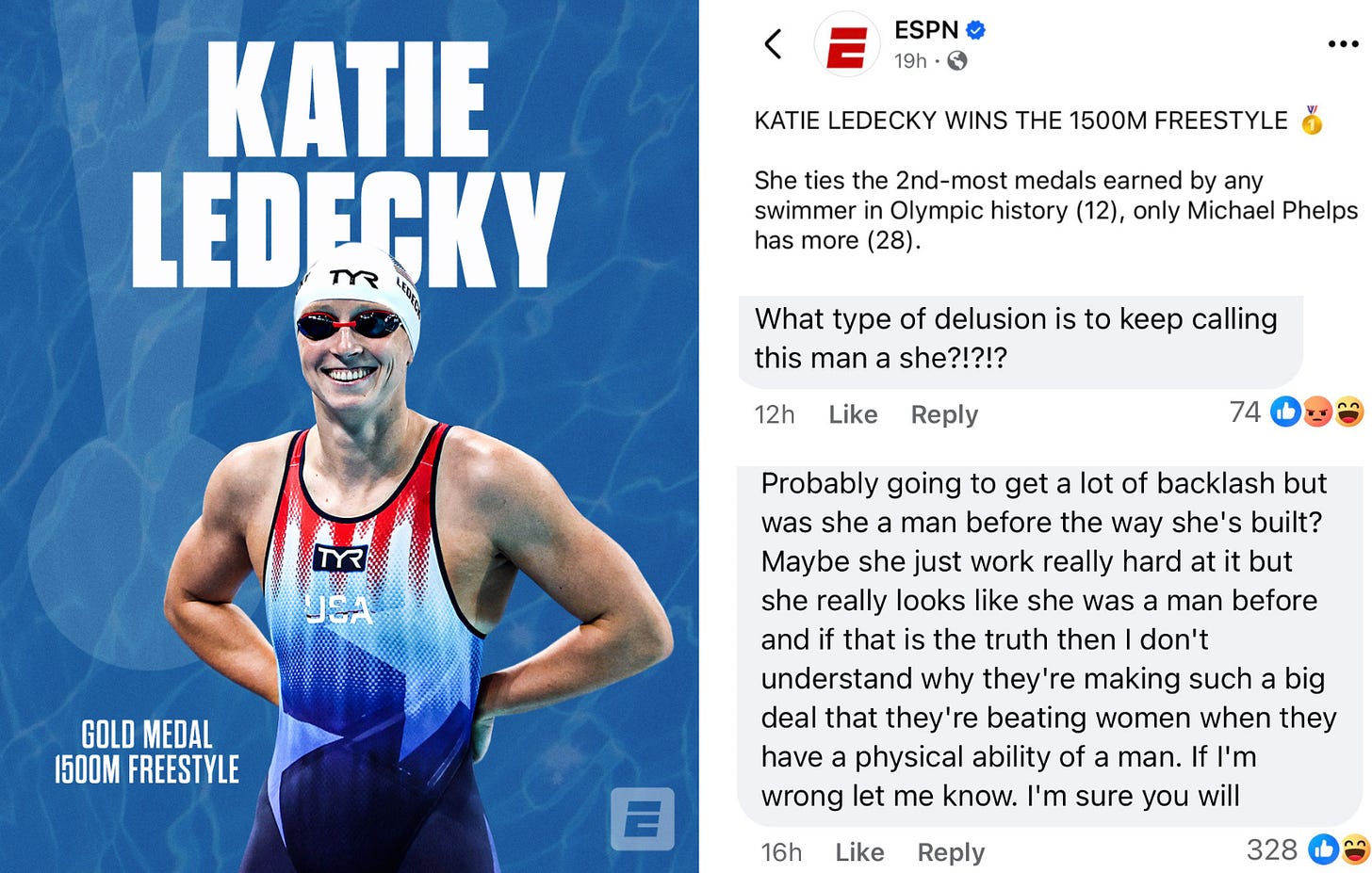 Transphobic remarks about Katie Ledecky's gender identity posted to a Facebook photo by ESPN congratulating Ledecky on her gold medal.