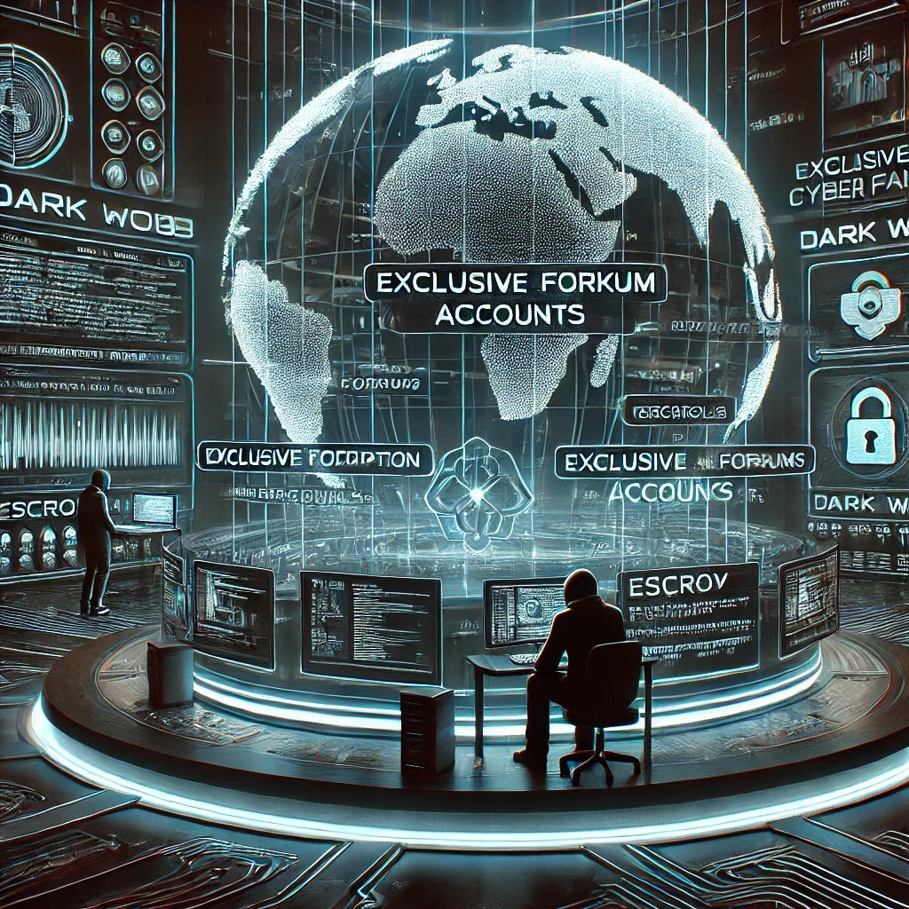 A highly detailed and mature 3D image of a dark web marketplace focused on selling exclusive hacking forum accounts. The setting is a futuristic cyber hub, with layered encryption codes, firewalls, and a holographic globe displaying live cyber traffic. The foreground features a hacker, sophisticated in appearance, interacting with digital controls, transferring account credentials and security keys. Neon accents outline the data streams, with an advanced user interface displaying high-level encryption algorithms, escrow services, and encrypted emails. The overall environment is sleek, modern, and highly technical, symbolizing the exclusivity and complexity of dark web transactions.