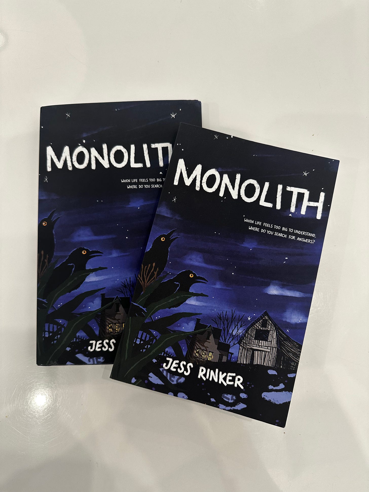 hardcover and paperback covers of middle grade book Monolith by Jess Rinker