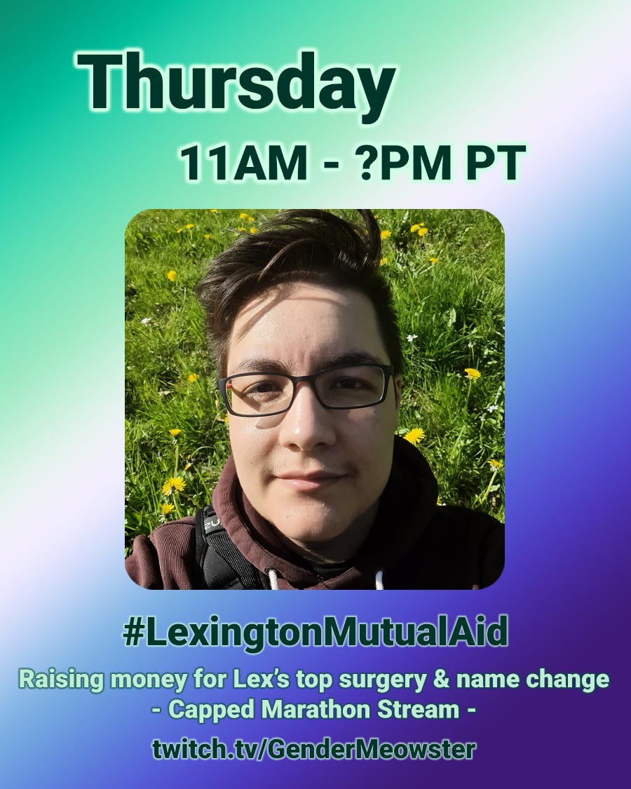 At the center, there is a square photo of Lexington (he/him), a white and Latino trans man with black spectacles, short black hair cut and styled in a relaxed pompadour. He is wearing a wine red hoodie. The background of the photo is a field of wild grass with yellow and white daisies. Text: "Thursday 11am - ?pm" at the top of the image, and "#Lexington Mutual Aid - Raising money for Lex's top surgery & name change - Capped Marathon Stream- http://twitch.tv/GenderMeowster " below the photo. Calico yaycat logo in the top right. The background of the graphic is a gradient with the colors of the MLM Gay men flag
