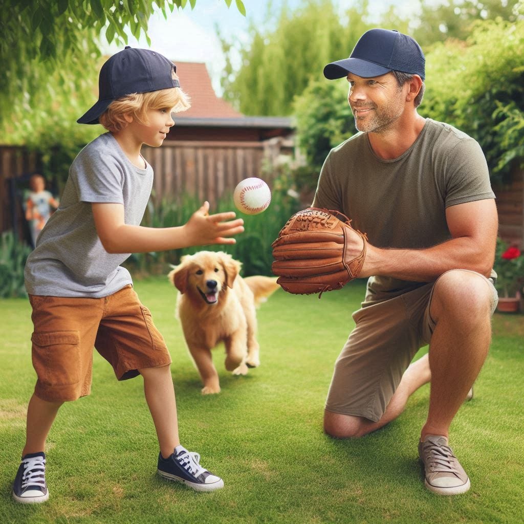 Fatherhood: Just Do It! AI-generated image of a dad playing catch with his son with the family dog trying to join in the fun.