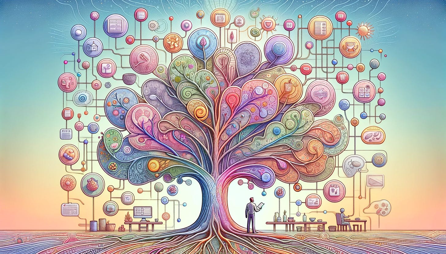 A vibrant, pastel-colored digital linework art depicts a large, stylized tree with branches representing different aspects of a meal planning app development. Around the tree are floating artifacts like lists and diagrams, connected by delicate lines, with a thoughtful male figure at the base, symbolizing the decision-making process in app development.