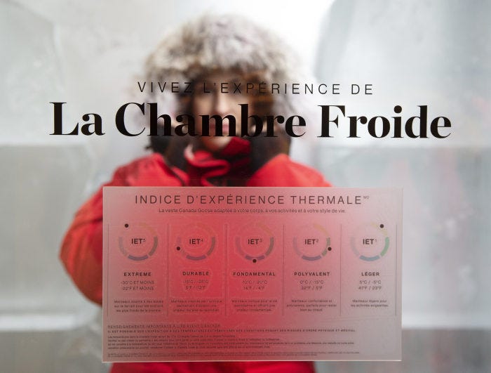 Canada Goose store signage and thermal index chart displayed in a cold chamber.