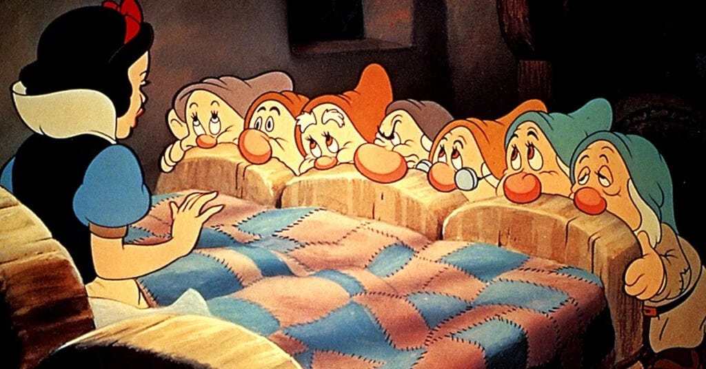 original art of the seven dwarfs from the 1937 Disney movie Snow White