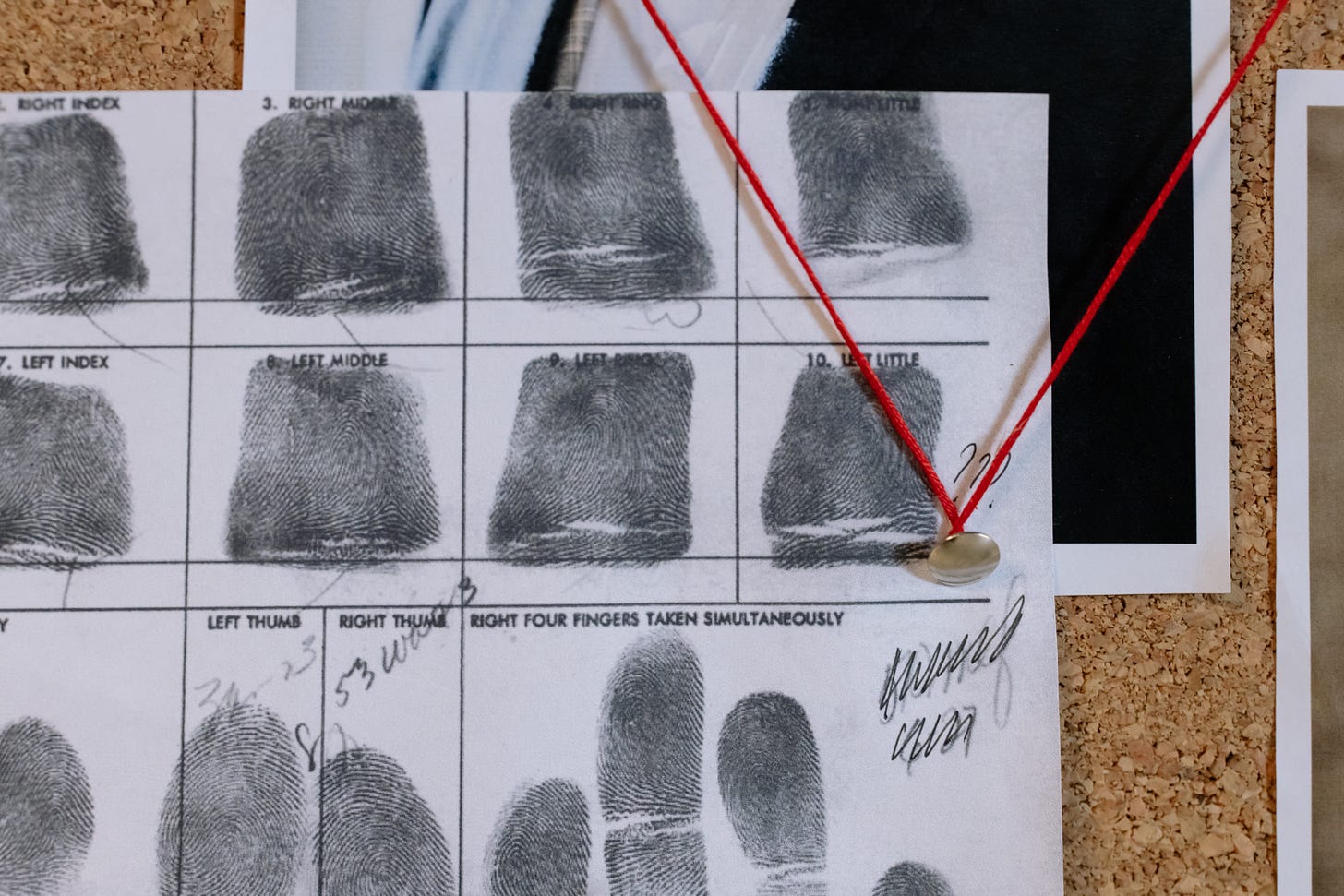 Crime board showing fingerprints and various links