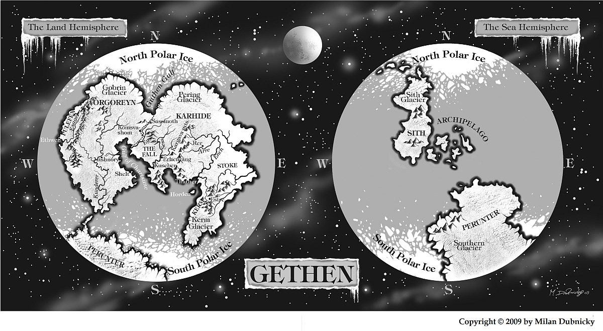 A black and white drawing showing two views of the planet Gethen, drawn in circles, The Land Hemisphere and The Sea Hemisphere, against a starry background