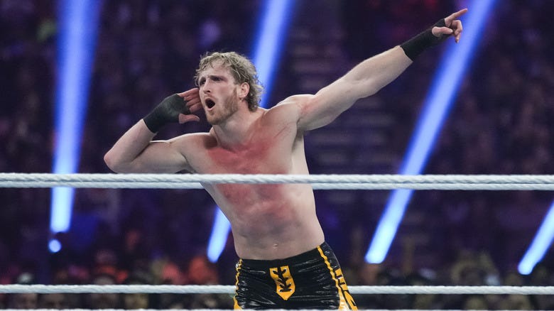Logan Paul reacts during the WWE Royal Rumble at the Alamodome on January 28, 2023 in San Antonio, Texas.