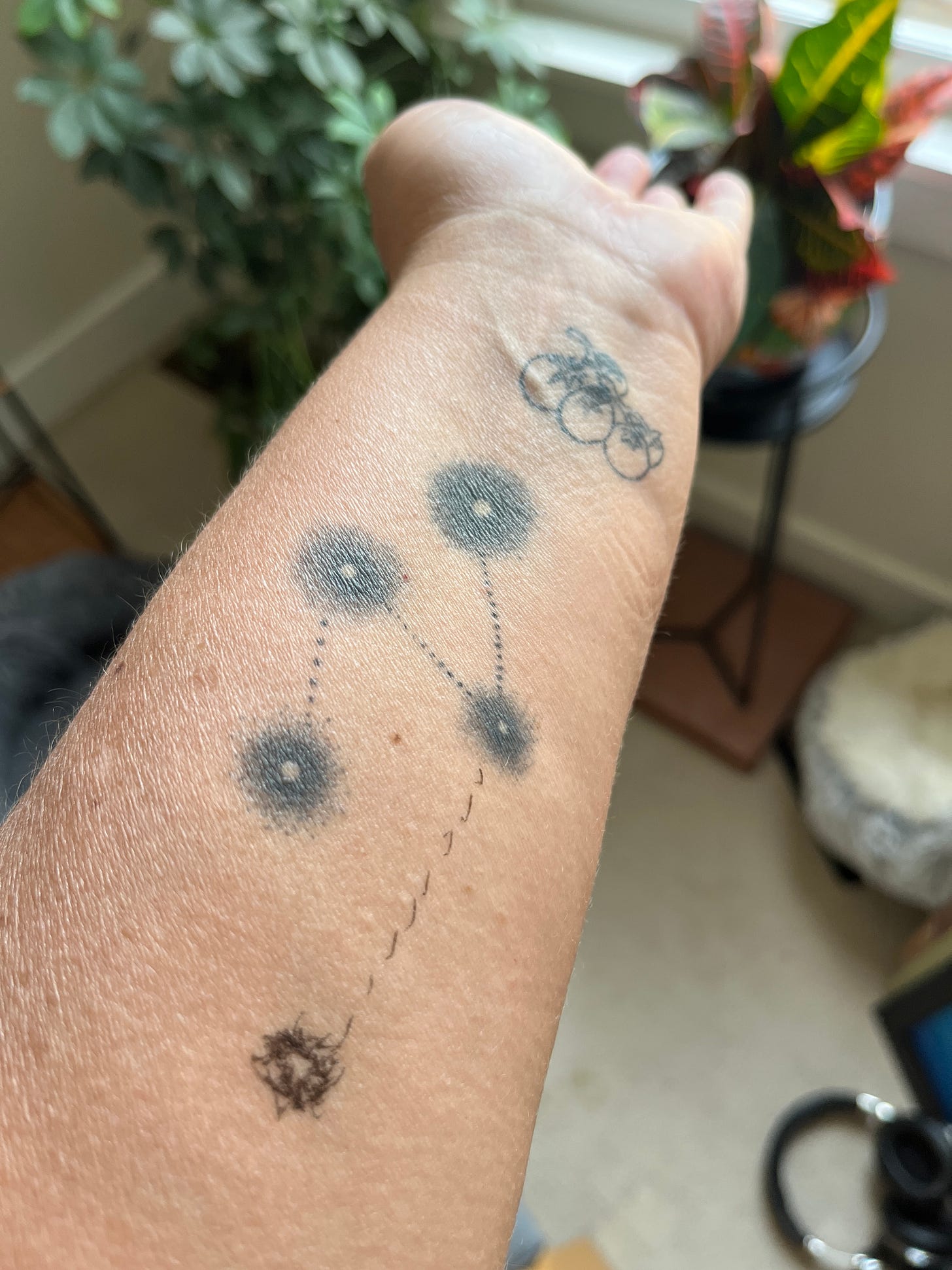 Robyn's forearm with little dark spots that are supposed to represent stars in a constellation, connected by dotted lines, four of them, with a fifth drawn by Robyn, badly, in ink