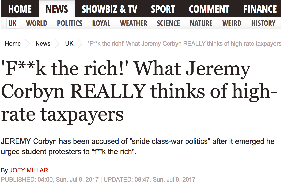 Express Corbyn Fake News Article Fuck The Rich