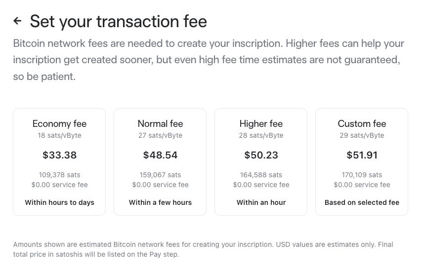 Current transaction fees to inscribe an Ordinal on Gamma.